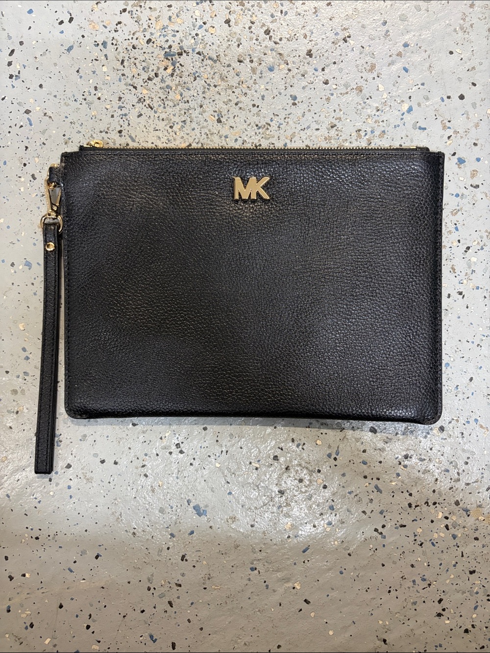 Michael Kors Black Pebbled Leather Wristlet with Gold MK Accent